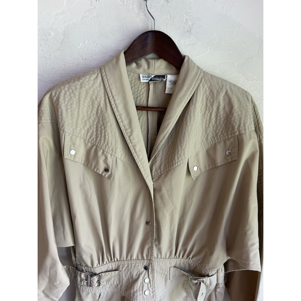 Vintage 80s Khaki Trench Midi Shirt Dress 10 Equestrian Old Money Minimalist - Picture 8 of 10